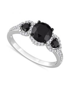 Black Diamond (1-3/4 ct. t.w.) White Diamond (1/4 ct. t.w.) 3-Stone Halo Engagement Ring in 14k White Gold