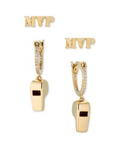 18k Gold-Plated 2-Pc. Set MVP Stud & Whistle Charm Pavé Hoop Earrings