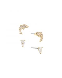 Gold Cubic Zirconia Dolphin Style and Pear Shaped Stud Earrings Set of Two Pair