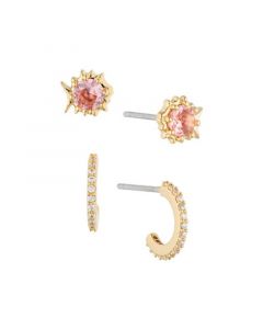 Gold Cubic Zirconia Extra Small Pave Hoop and Puffer Fish Stud Earrings Set of Two Pair