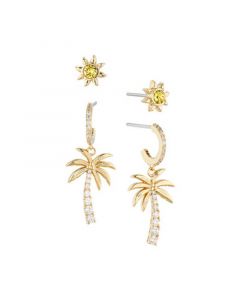 Gold Cubic Zirconia Sun Stud and Palm Tree Drops Hoop Earrings Set Of Two Pair