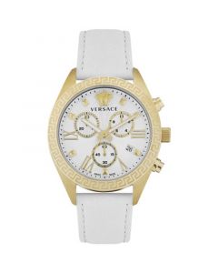 Women's Swiss Chronograph Greca White Leather Strap Watch 40mm