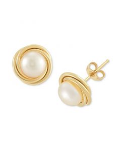 Cultured Freshwater Pearl (6mm) Love Knot Stud Earrings in 14K Gold