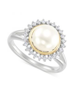 Cultured Freshwater Button Pearl (8mm) & White Topaz (1/4 ct. t.w.) Halo Ring in Sterling Silver & 14k Gold