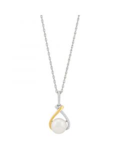 Cultured Freshwater Button Pearl (8mm) & White Topaz (1/10 ct. t.w.) Interlocking Pendant Necklace in Sterling Silver & 14k Gold, 16" + 2" extender