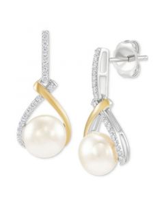 Cultured Freshwater Button Pearl (7mm) & White Topaz (1/5 ct. t.w.) Drop Earrings in Sterling Silver & 14K Gold