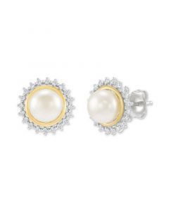 Cultured Freshwater Button Pearl (7mm) & White Topaz (1/3 ct. t.w.) Halo Stud Earrings in Sterling Silver & 14K Gold