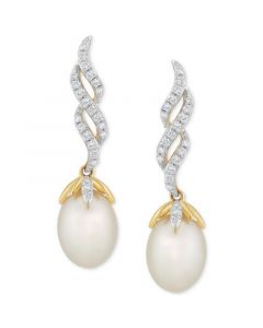 Cultured Freshwater Pearl (7 - 7 1/2mm) & Diamond (1/5 ct. t.w.) Twist Drop Earrings in 10k Gold