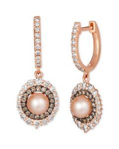 Strawberry Pearl (6mm) & Diamond (1-1/3 ct. t.w.) Halo Dangle Hoop Earrings in 14k Rose Gold