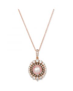 Strawberry Pearl (7mm) & Diamond (7/8 ct. t.w.) Double Halo 18" Pendant Necklace in 14k Rose Gold