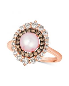 Strawberry Pearl (7mm) & Diamond (3/4 ct. t.w.) Double Halo Ring in 14k Rose Gold