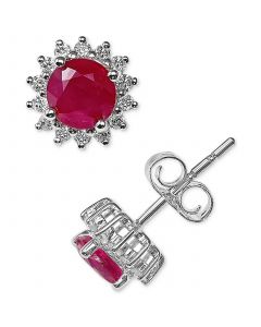 Ruby (1-1/5 ct. t.w.) & Diamond (1/6 ct. t.w.) Halo Stud Earrings in 14k White Gold