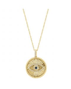 EFFY® Diamond (1/6 ct. t.w.) & Sapphire (1/20 ct. t.w.) Evil Eye Disc 18" Pendant Necklace in 14k Gold