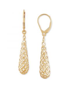 Lattice Work Elongated Teardrop Leverback Drop Earrings in 10k Gold