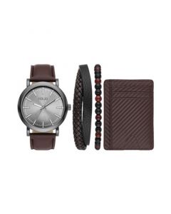 Men's Three Hand Gunmetal 46mm Watch, Bracelet and Card Holder Gift Set, 4 Pieces