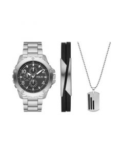 Men's Three Hand Silver-Tone 48mm Watch, Bracelet and Necklace Gift Set, 3 Pieces