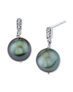 Black Cultured Tahitian Pearl (10mm) & Diamond Accent Drop Earrings in Sterling Silver