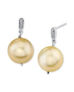 Cultured Golden South Sea Pearl (9mm) & Diamond Accent Drop Earrings in Sterling Silver