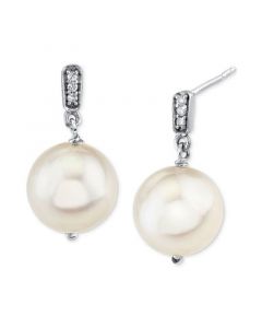 Cultured Freshwater Pearl (9mm) & Diamond Accent Drop Earrings in Sterling Silver