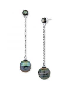 Cultured Tahitian Baroque Pearl (10mm) & Black Mother Of Pearl Chain Drop Earrings in Sterling Silver