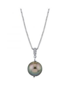 Black Cultured Tahitian Pearl (10mm) & Diamond Accent 18" Pendant Necklace in Sterling Silver