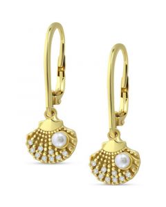 Freshwater Pearl & Cubic Zirconia Seashell Leverback Drop Earrings in 18k Gold-Plated Sterling Silver, Created for Macy's