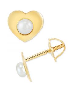 Children's Cultured Freshwater Button Pearl (2mm) Heart Stud Earrings in 14k Gold