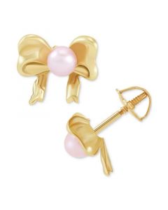 Children's Pink Cultured Freshwater Pearl (3mm) Bow Stud Earrings in 14k Gold