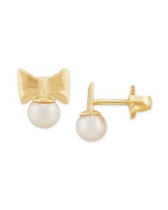 Children's Cultured Freshwater Pearl (3-3/4mm) Bow Stud Earrings in 14k Gold