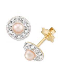 Children's Pink Cultured Freshwater Pearl (2-3/4mm) & Crystal Halo Stud Earrings in 14k Gold