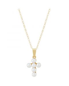 Cultured Freshwater Pearl (3mm) Cross 15" Pendant Necklace in 14k Gold