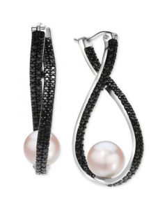 Cultured Freshwater Pearl (9mm) & Black Spinel (3-3/4 ct. t.w.) Twist Hoop Earrings in Sterling Silver