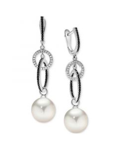 Cultured Freshwater Pearl (11mm), Black Spinel (1 ct. t.w) & White Zircon (1/2 ct. t.w.) Interlocking Drop Earrings in Sterling Silver