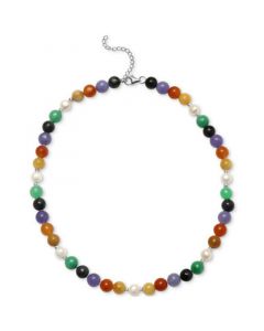 Multicolor Dyed Jade, Freshwater Cultured Pearl (7mm), & Hematite Collar Necklace in Sterling Silver, 16" + 2" extender