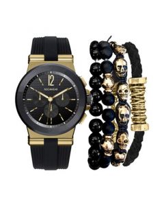 Men's Analog, Three-Hand Quartz Black Silicone Strap Watch 43mm Gift Set