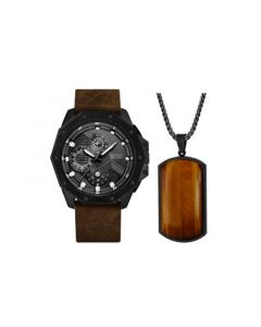 Men's Analog, Three-Hand Quartz Matte Brown Leather Strap Watch 48mm Gift Set