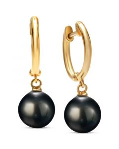 Cultured Tahitian Pearl (9mm) Dangle Hoop Drop Earrings in 14k Gold-Plated Sterling Silver