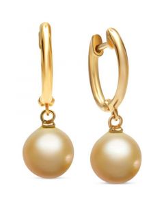 Cultured Golden South Sea Pearl (9mm) Dangle Hoop Drop Earrings in 14k Gold-Plated Sterling Silver