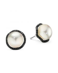 Cultured Freshwater Pearl (11mm) & Black Spinel (3/4 ct. t.w.) Halo Stud Earrings in Sterling Silver