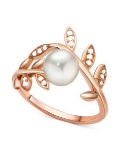 Cultured Freshwater Pearl (6mm) & White Zircon (1/6 ct. t.w.) Vine Ring in 14k Rose Gold-Plated Sterling Silver