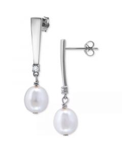 Cultured Freshwater Oval Pearl (10 x 8mm) & Cubic Zirconia Drop Earrings, Created for Macy's