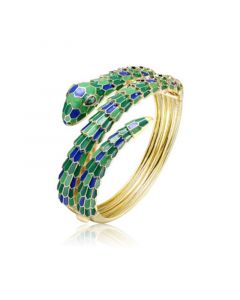 14k Yellow Gold Plated with Emerald Cubic Zirconia Green & Blue Enamel 3D Serpent Coiled Bypass Wrapped Bangle Bracelet