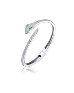 White Gold Plated with Emerald & Cubic Zirconia Snake Bypass Coil Wrap Bangle Bracelet