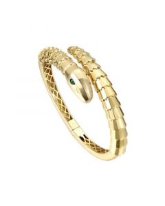 14k Gold Plated with Emerald Cubic Zirconia Textured Coiled Serpent Bypass Bangle Bracelet