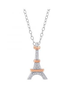 Diamond Accent Aristocats Eiffel Tower Pendant Necklace in Sterling Silver & 10k Rose Gold, 16" + 2" extender