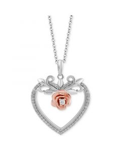 Diamond Belle Rose & Heart Pendant Necklace (1/6 ct. t.w.) in Sterling Silver & 14K Rose Gold-Plate, 16" + 2" extender