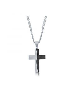 Men's Stainless Steel Silver & Carbon Fiber Cross Necklace