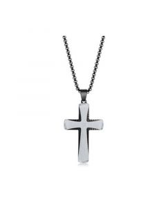 Men's Stainless Steel Black & Silver Single CZ Cross Necklace