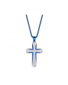 Men's Stainless Steel Silver & Blue Plated Single CZ Cross Necklace