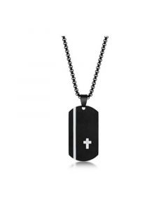 Men's Stainless Steel Black Silver Cross Single CZ Dog Tag Necklace